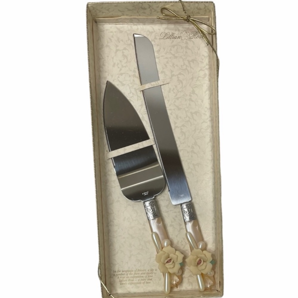 Vintage Lillian Rose Cake Knife Server Set Ivory